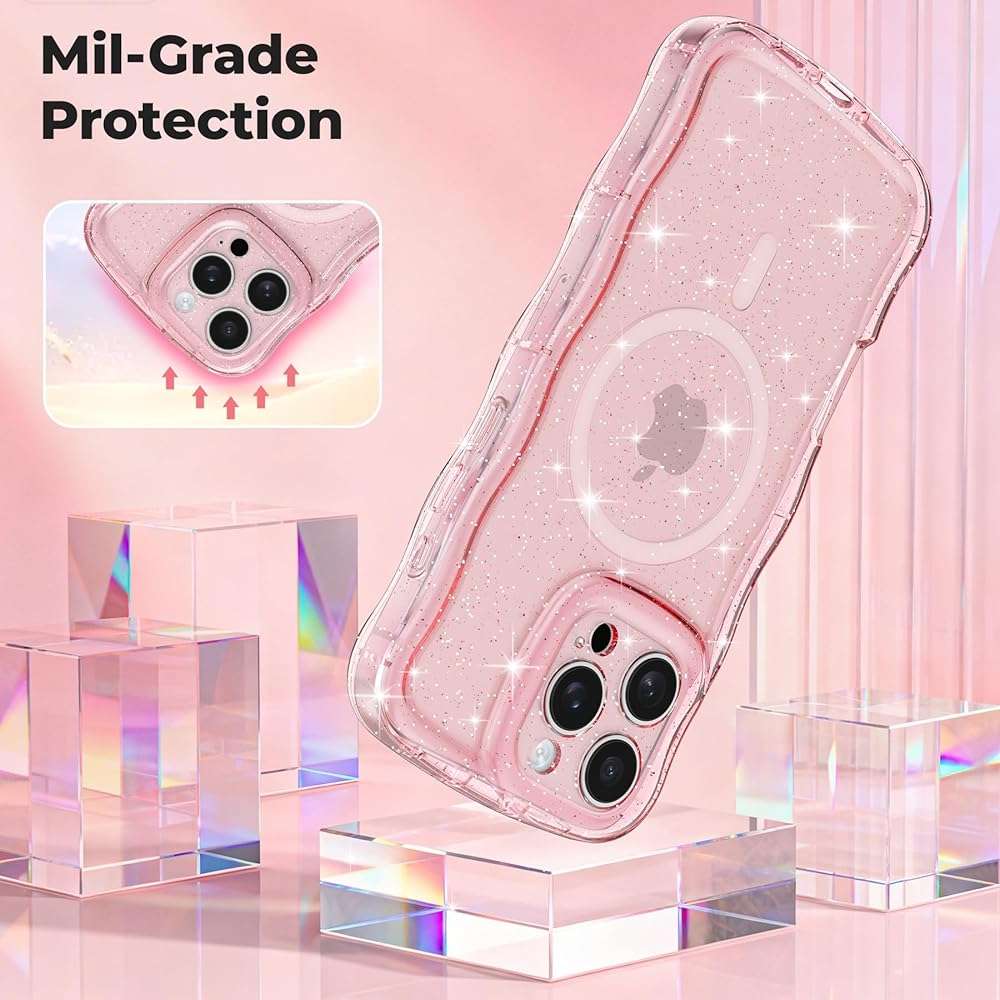 FABSPARK Case for iPhone 16e/17e,Compatible with MagSafe,Magnetic Clear Curly Wavy Frame Wave Case with Sparkly Bling Glitter,Transparent Acrylic Hard PC for iPhone 17e/16e,Glitter Clear Pink - Image 6
