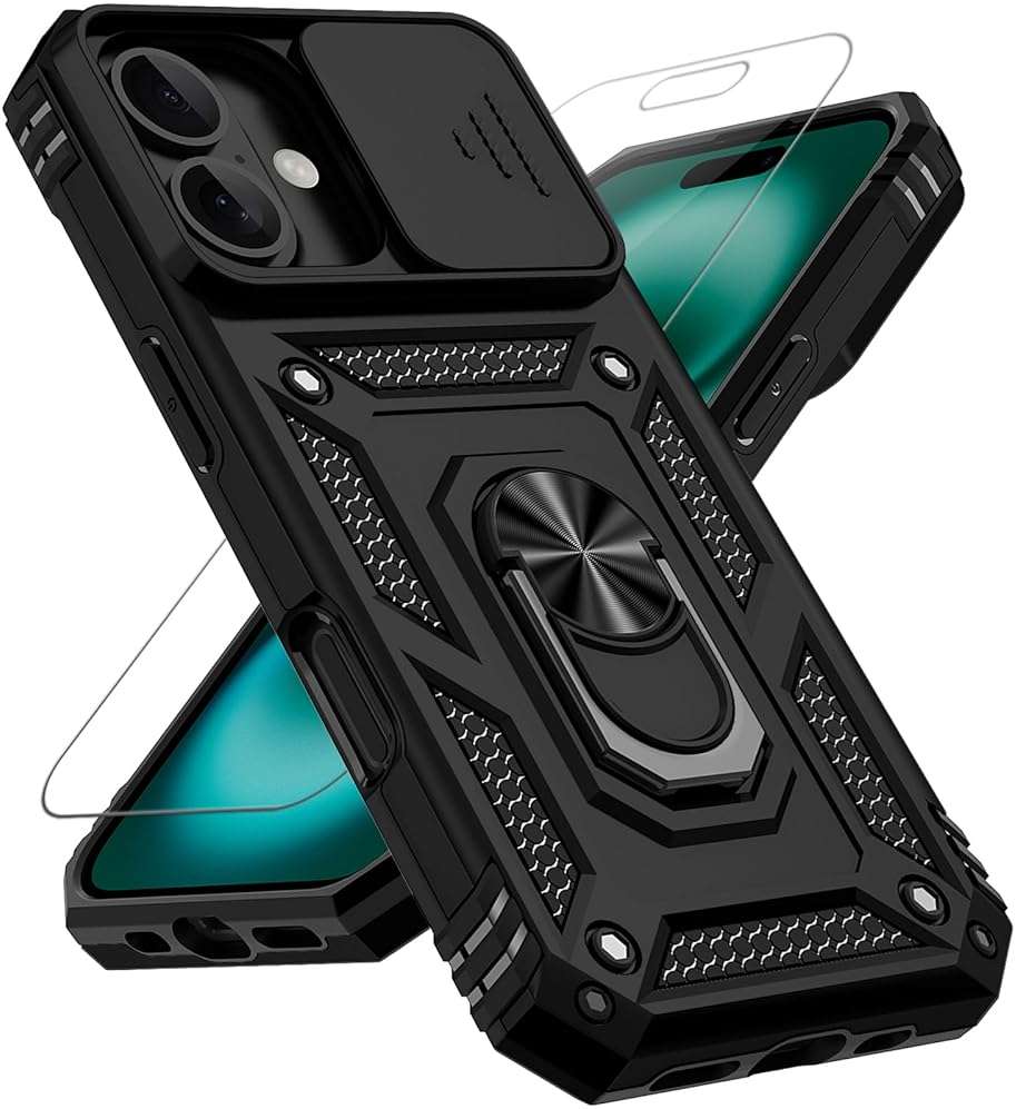 for iPhone 17 Case, with Slide Camera Cover HD Screen Protector [Military Grade 16ft. Drop Tested] Ring Holder Kickstand Protective Phone Case for Apple iPhone 17, Black - Image 1