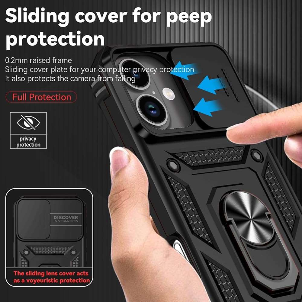 for iPhone 17 Case, with Slide Camera Cover HD Screen Protector [Military Grade 16ft. Drop Tested] Ring Holder Kickstand Protective Phone Case for Apple iPhone 17, Black - Image 3