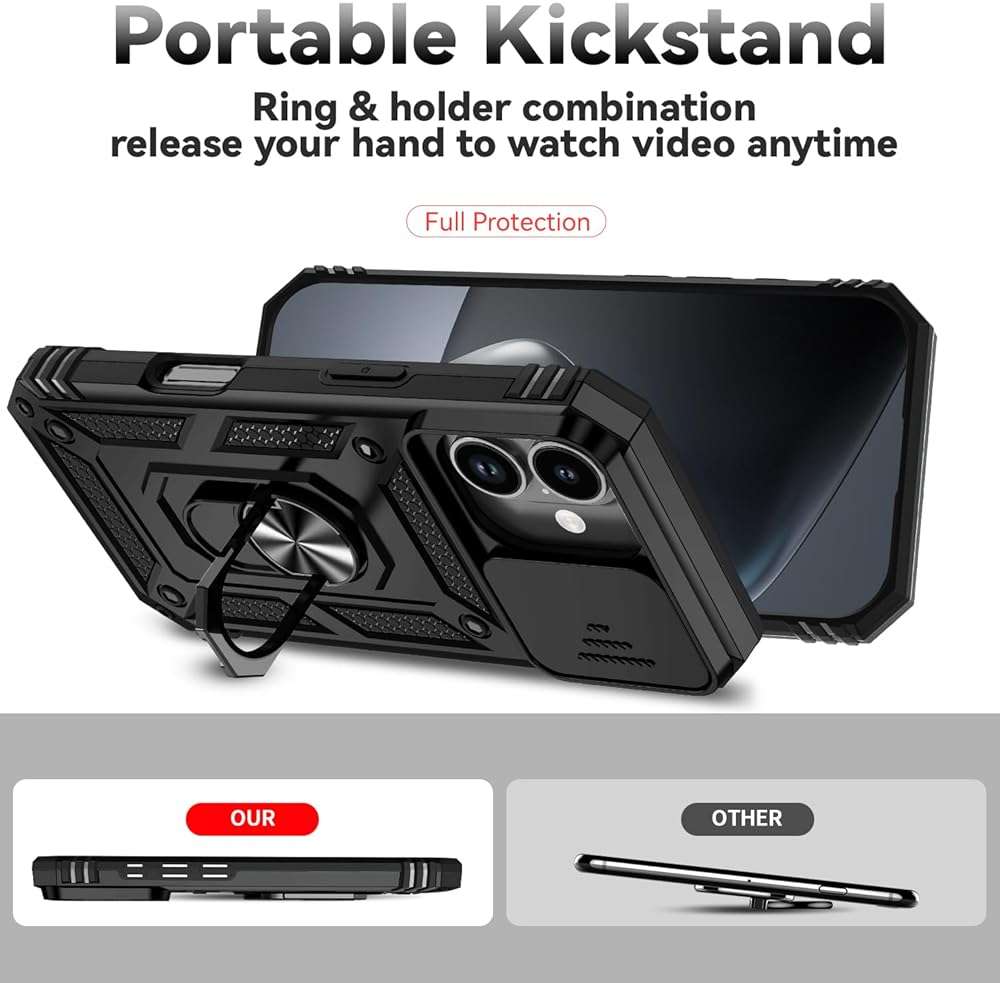 for iPhone 17 Case, with Slide Camera Cover HD Screen Protector [Military Grade 16ft. Drop Tested] Ring Holder Kickstand Protective Phone Case for Apple iPhone 17, Black - Image 6