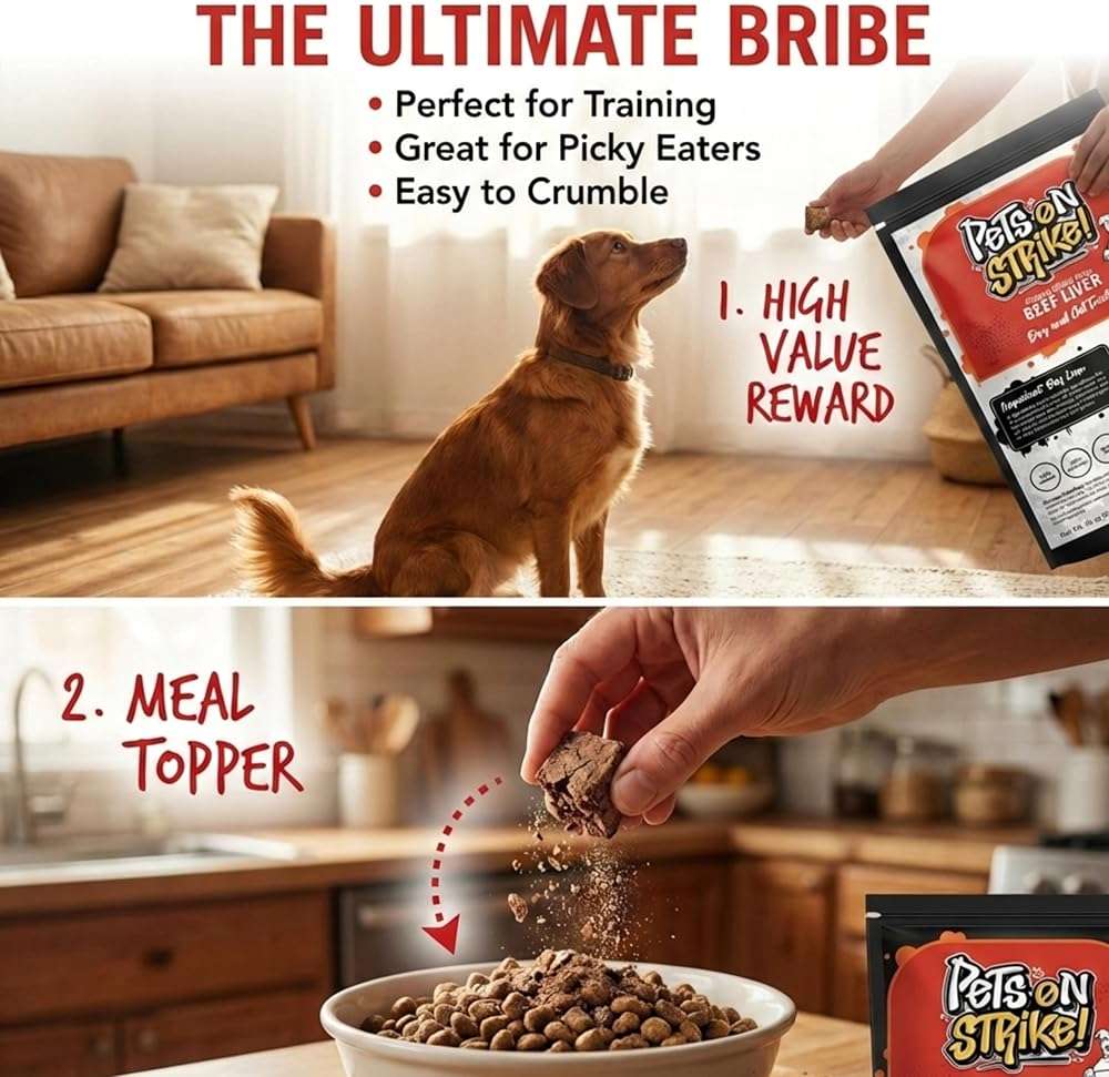PETS ON STRIKE Freeze Dried Beef Liver for Dogs & Cats (18oz) – Single Ingredient Dog Treats – USA Sourced & Made – High Protein, All Natural, Grain Free – Raw Freeze-Dried Training Treats - Image 4
