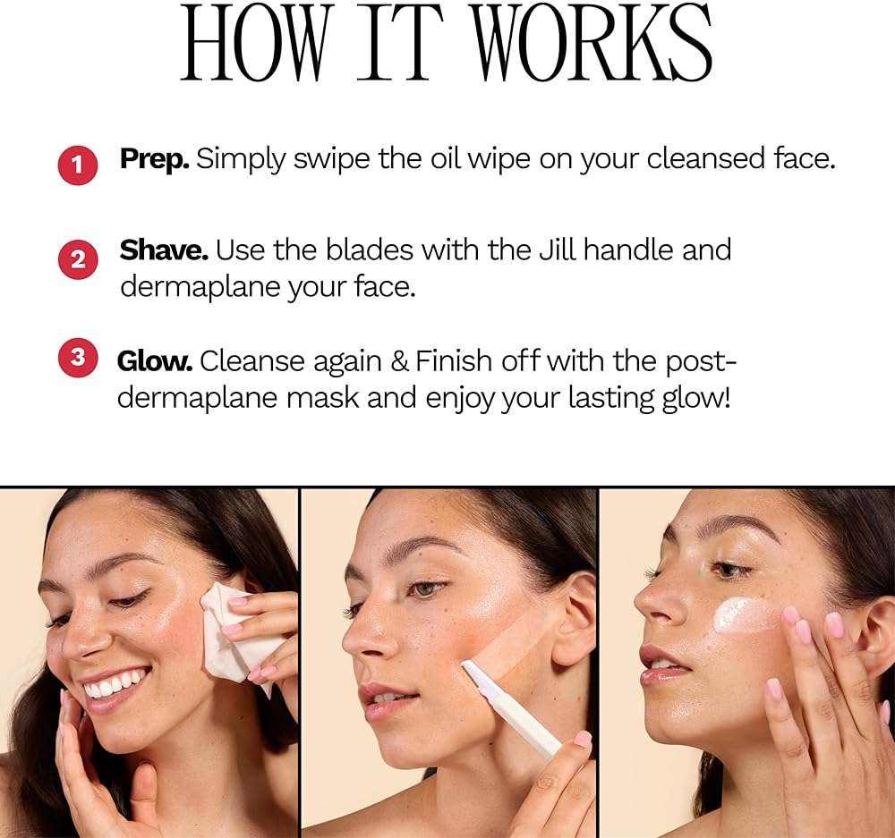 Jill Dermaplane Kit in Cream - Hair Identifying Spray NOT Included - Includes 1 Pre-Shave Cleanser Sachet & Oil Wipe, 1 Post-Shave Moisturizer, 2 Disposable Blades - Image 3