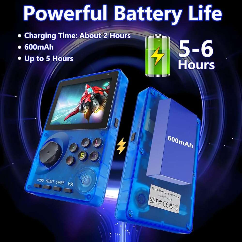 16 Bit Game Console 2.8-inch Super Wide Lcb Preloaded 100 HD Handheld Video Game Seniors Electronic Games Player Birthday Present Xmas (Transparent Blue) - Image 3