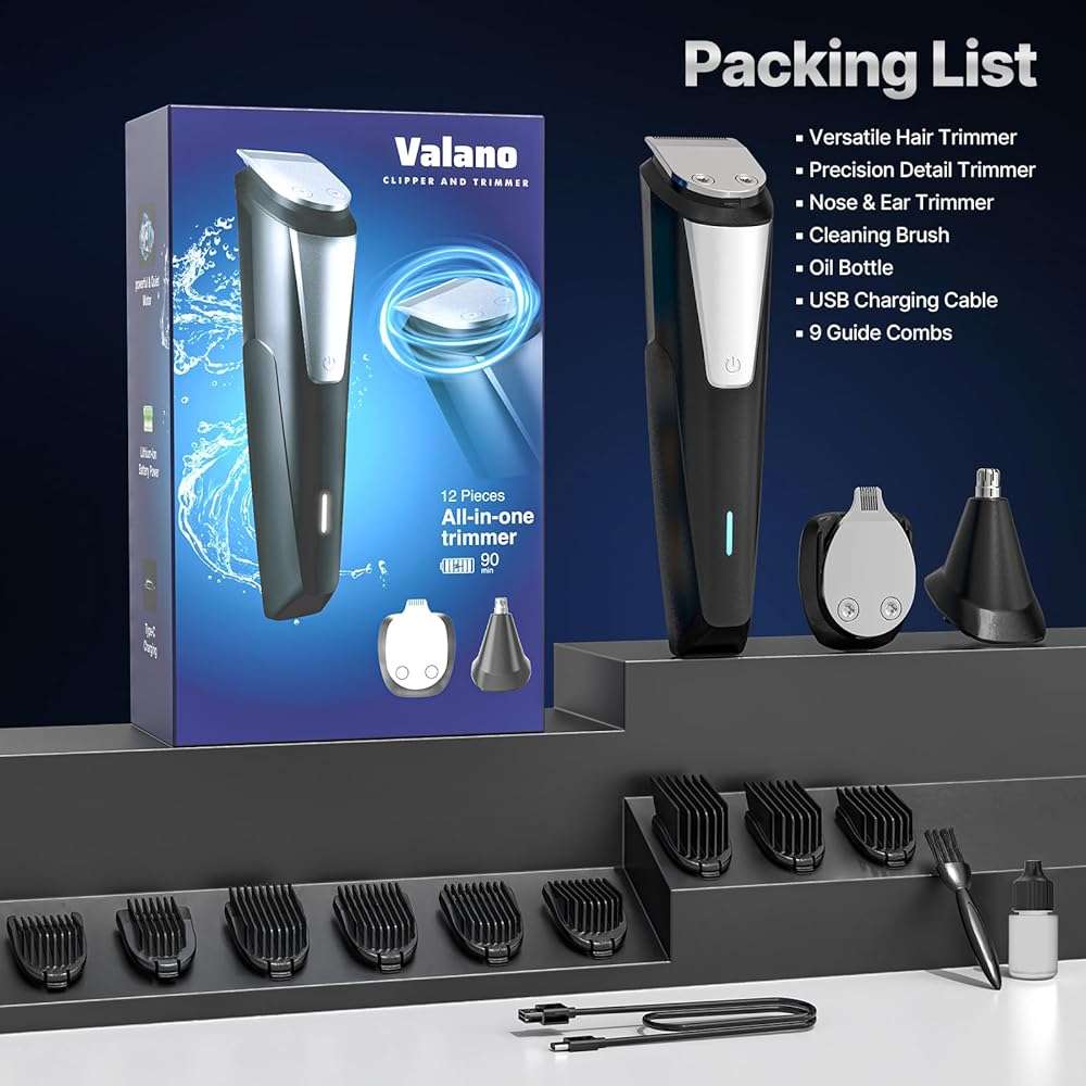 Valano Beard Trimmer Hair Clippers for Men All-in-One Self-Sharpening Electric Men's Cordless Rechargeable Mustache Grooming Kit Gift for Ear Nose Body Public - Image 7