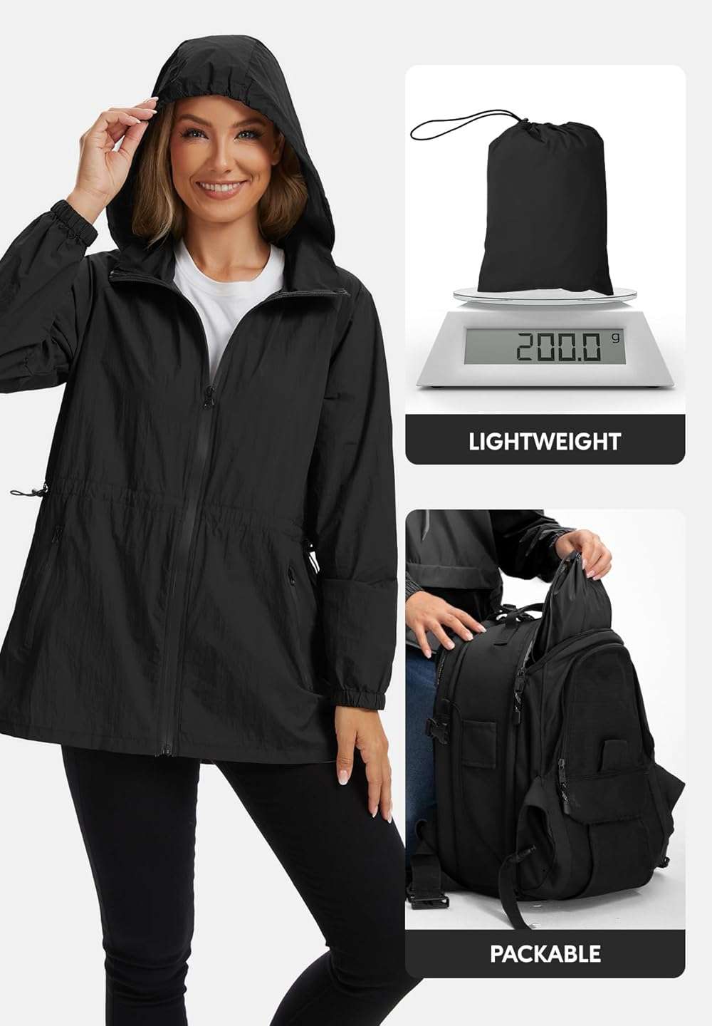 Zando Lightweight Rain Jacket Women Waterproof - Packable Windbreaker Jacket Raincoats for Women with Hood for Travel Outdoor - Image 2