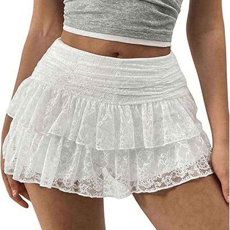 Women Y2K Lace Ruffle Mini Skirts Layered Elastic Waist A Line Short Skirts Tiered Lace Mesh Skirt Skorts - Image 1