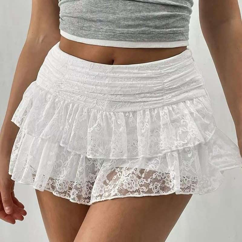 Women Y2K Lace Ruffle Mini Skirts Layered Elastic Waist A Line Short Skirts Tiered Lace Mesh Skirt Skorts - Image 2