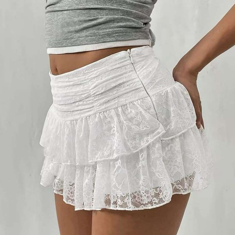 Women Y2K Lace Ruffle Mini Skirts Layered Elastic Waist A Line Short Skirts Tiered Lace Mesh Skirt Skorts - Image 4