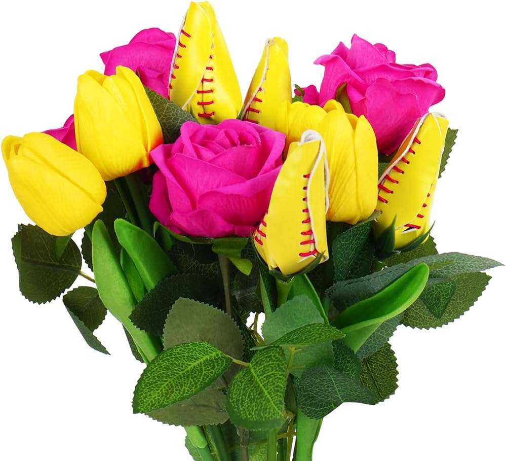 JarThenaAMCS Softball Rose Bulk Hot Pink Rose Yellow Tulip Artificial Flowers Fake Floral Bouquets for Graduation Party Sports Theme Bouquet Gift Girl Coach Team Player Fan - Image 1