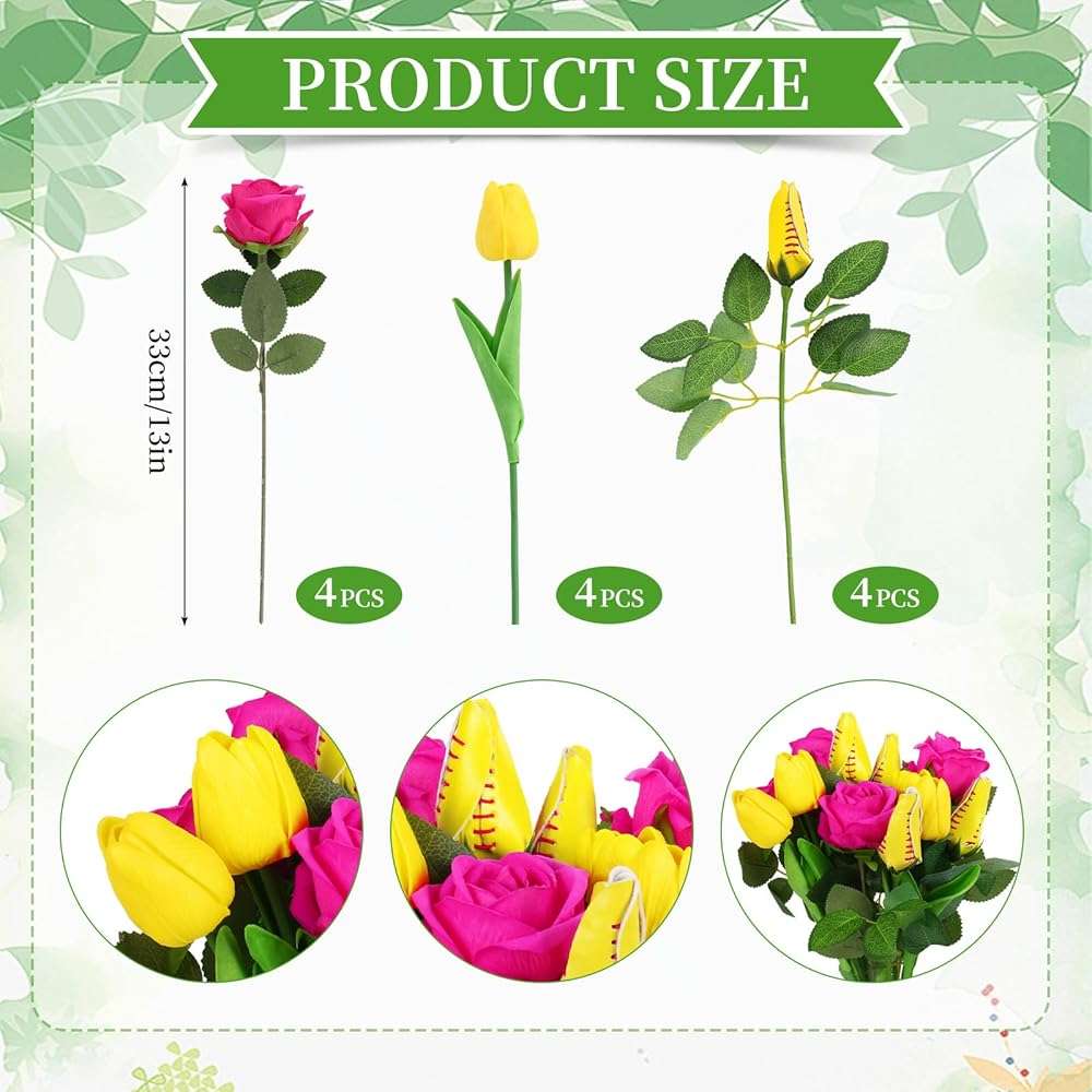 JarThenaAMCS Softball Rose Bulk Hot Pink Rose Yellow Tulip Artificial Flowers Fake Floral Bouquets for Graduation Party Sports Theme Bouquet Gift Girl Coach Team Player Fan - Image 3