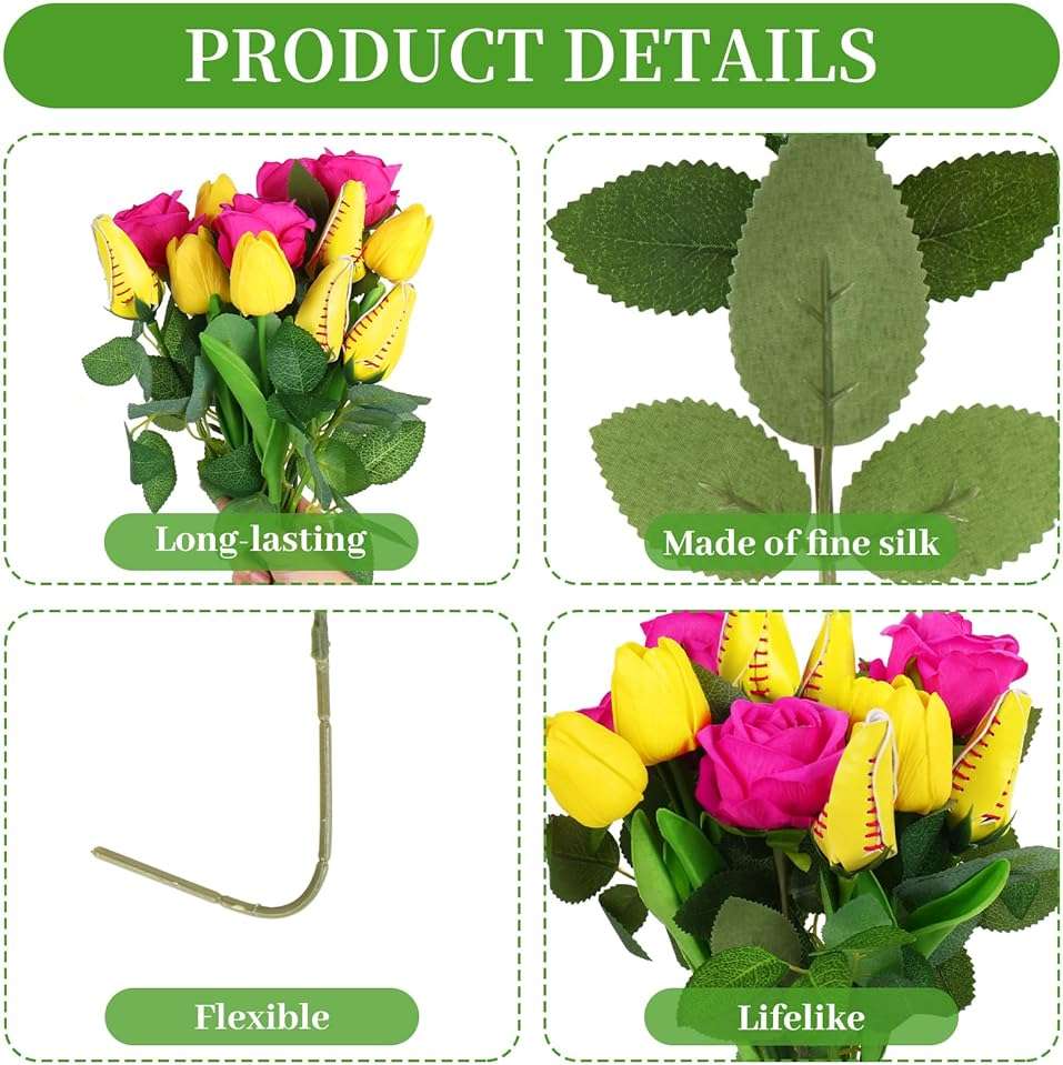 JarThenaAMCS Softball Rose Bulk Hot Pink Rose Yellow Tulip Artificial Flowers Fake Floral Bouquets for Graduation Party Sports Theme Bouquet Gift Girl Coach Team Player Fan - Image 4