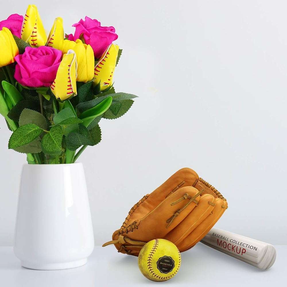 JarThenaAMCS Softball Rose Bulk Hot Pink Rose Yellow Tulip Artificial Flowers Fake Floral Bouquets for Graduation Party Sports Theme Bouquet Gift Girl Coach Team Player Fan - Image 5