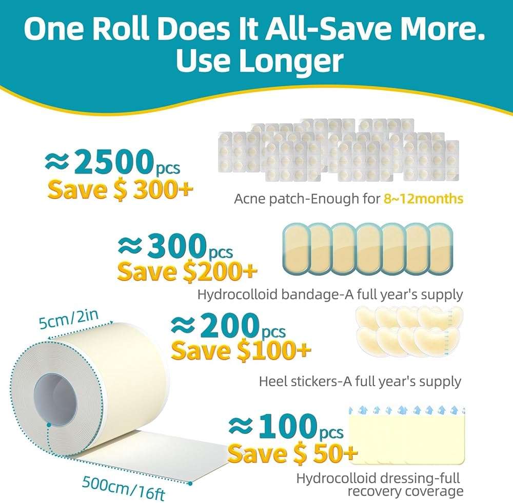 Dimora Medical Grade Hydrocolloid Bandage Roll (2in*16ft), Highly Absorbent Hydrocolloid Dressings for Wound Care, Burn, Blister, Pimple Patches for Acne Care, Waterproof & Cut to Size - Image 6