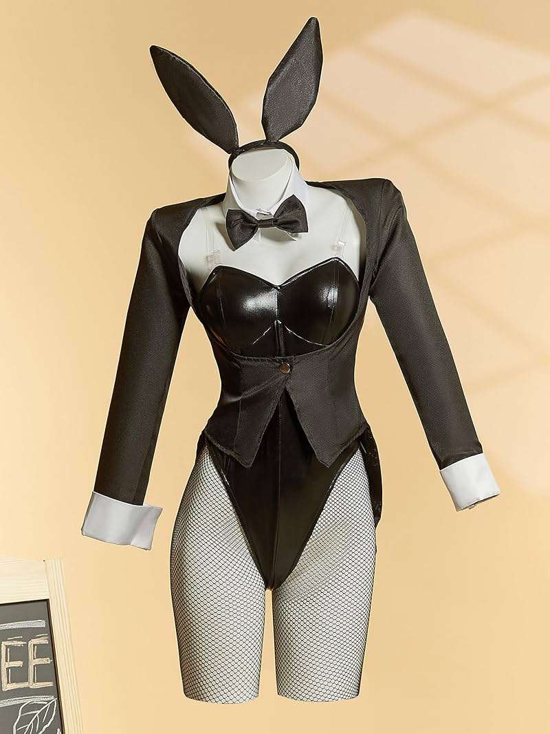 Cosplay.fm Women Dress Up Cosplay Costume Black Bunny Bodysuit and Coat with Stockings and Bunny Ear Headband - Image 2