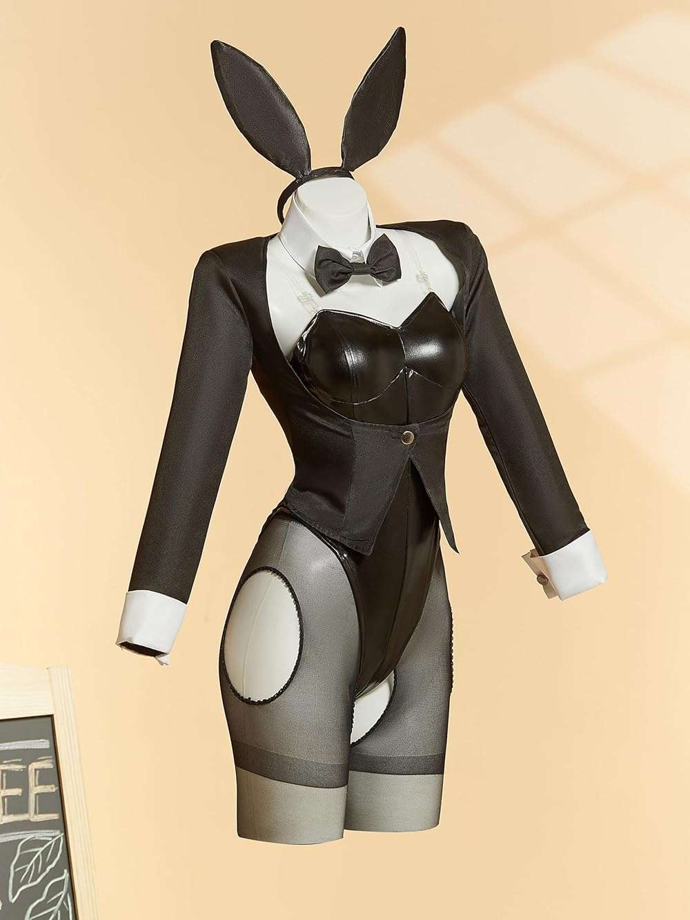 Cosplay.fm Women Dress Up Cosplay Costume Black Bunny Bodysuit and Coat with Stockings and Bunny Ear Headband - Image 3
