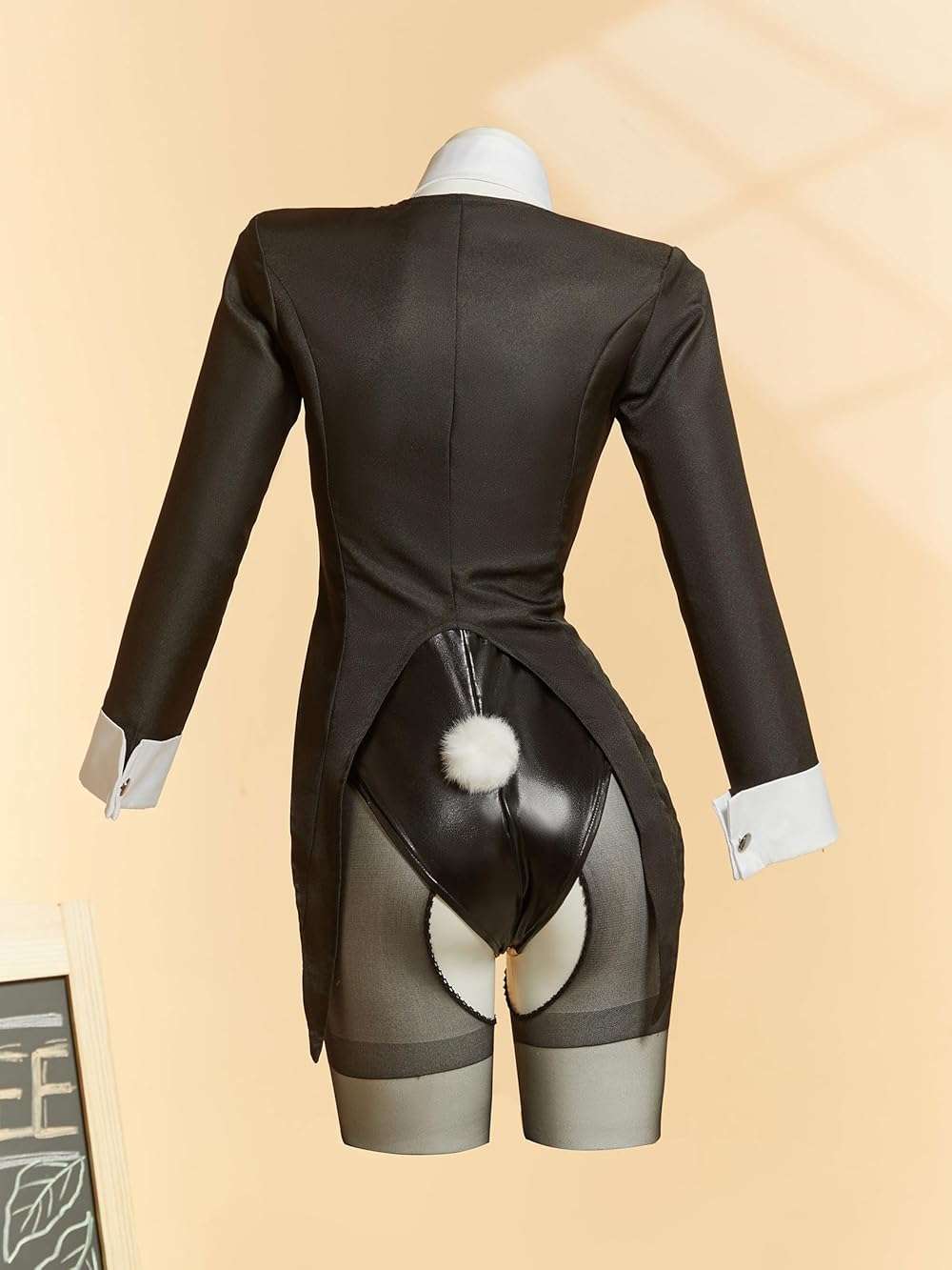 Cosplay.fm Women Dress Up Cosplay Costume Black Bunny Bodysuit and Coat with Stockings and Bunny Ear Headband - Image 4