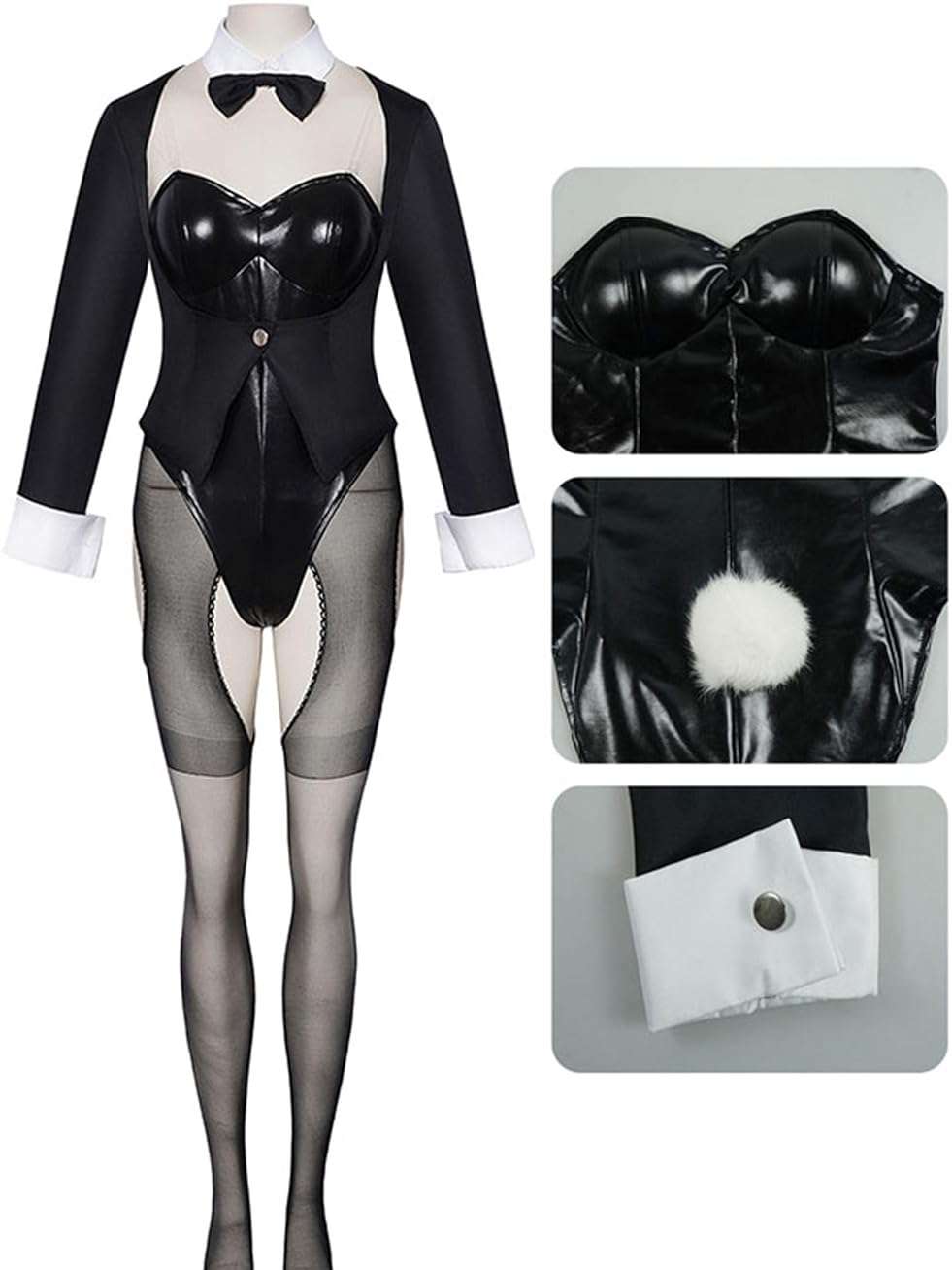 Cosplay.fm Women Dress Up Cosplay Costume Black Bunny Bodysuit and Coat with Stockings and Bunny Ear Headband - Image 5