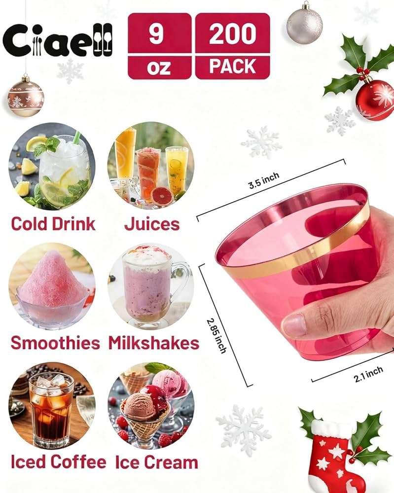 Ciaell 200PCS Red Plastic Cups - 9 Oz Gold Plastic Cups - 4th of July Heavy Duty Gold Rimmed Disposable Cup - Disposable Wine Glasses with Gold Rim for Party & Wedding & Independence Day - Image 3