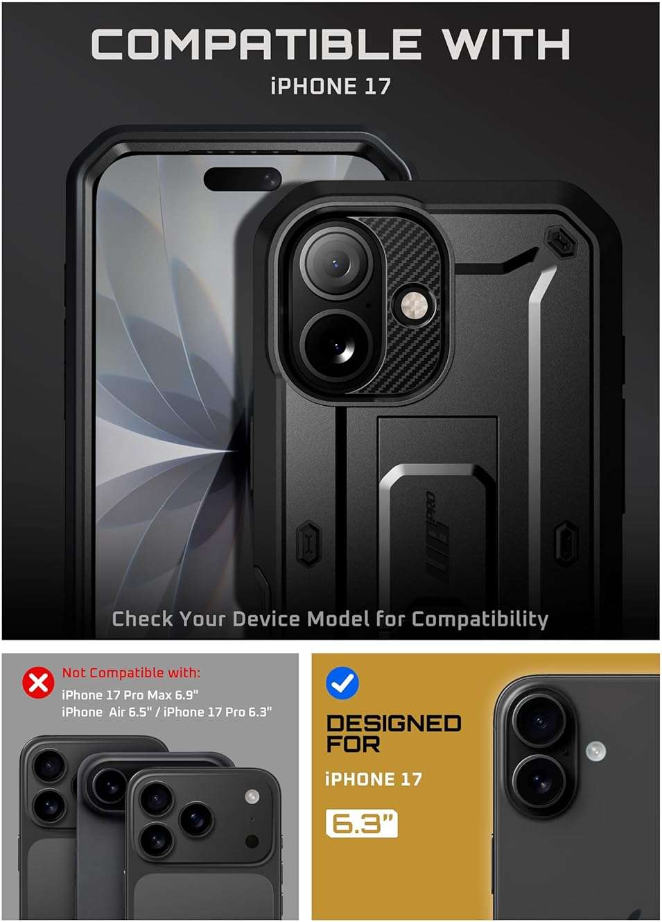 SUPCASE for iPhone 17 Case with Camera Control Button (Unicorn Beetle Pro), [Built-in Kickstand & Screen Protector] [Military-Grade Protection] Full Body Heavy Duty Phone Case, Black - Image 2