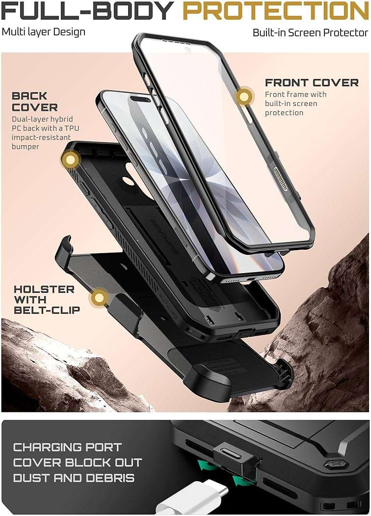 SUPCASE for iPhone 17 Case with Camera Control Button (Unicorn Beetle Pro), [Built-in Kickstand & Screen Protector] [Military-Grade Protection] Full Body Heavy Duty Phone Case, Black - Image 6