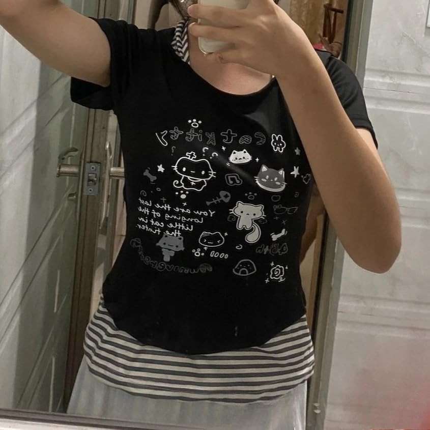 Kawaii Cutecore Harajuku Y2k 2000s Tops Summer Preppy Aesthetic Alt Goth Emo Short Sleeve Graphic Tees - Image 5