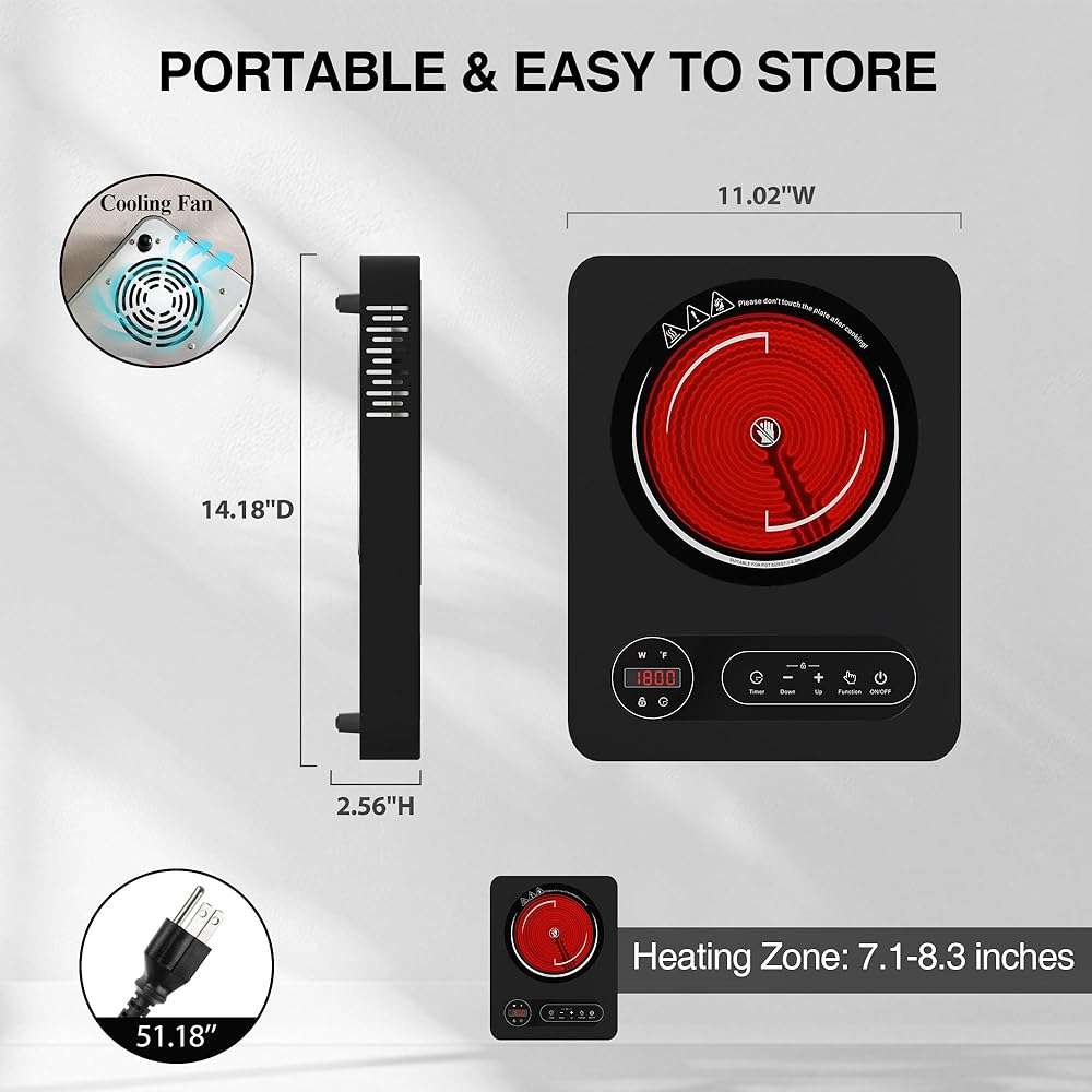 Nafewin Single Burner Electric Cooktop 1800W - 110V Electric Stove Top Burner Portable Stove with LED Touch Control 10 Power Level, Hot Plate with Child Safety Lock, Timer and Overheat protection - Image 2
