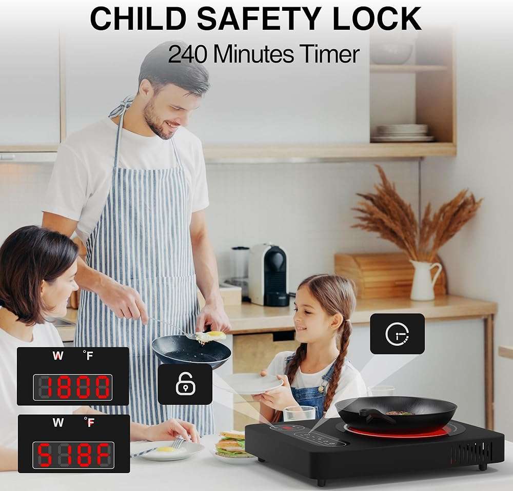 Nafewin Single Burner Electric Cooktop 1800W - 110V Electric Stove Top Burner Portable Stove with LED Touch Control 10 Power Level, Hot Plate with Child Safety Lock, Timer and Overheat protection - Image 3