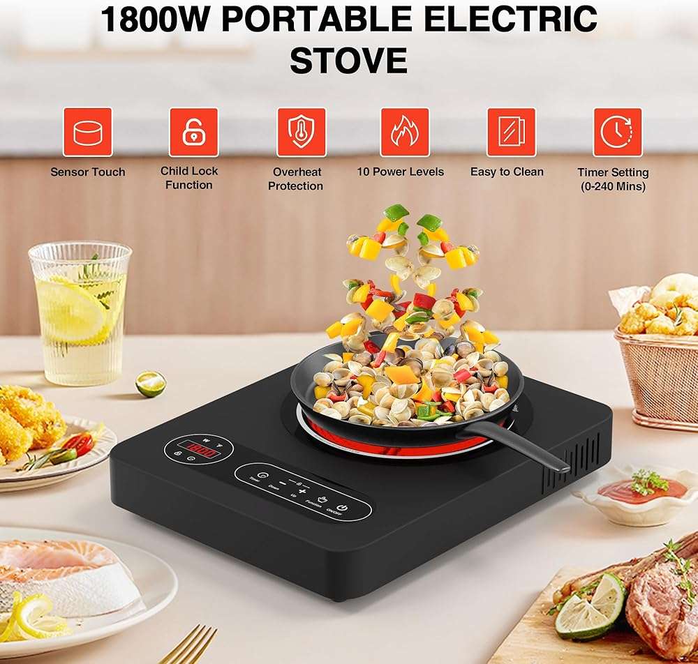 Nafewin Single Burner Electric Cooktop 1800W - 110V Electric Stove Top Burner Portable Stove with LED Touch Control 10 Power Level, Hot Plate with Child Safety Lock, Timer and Overheat protection - Image 4