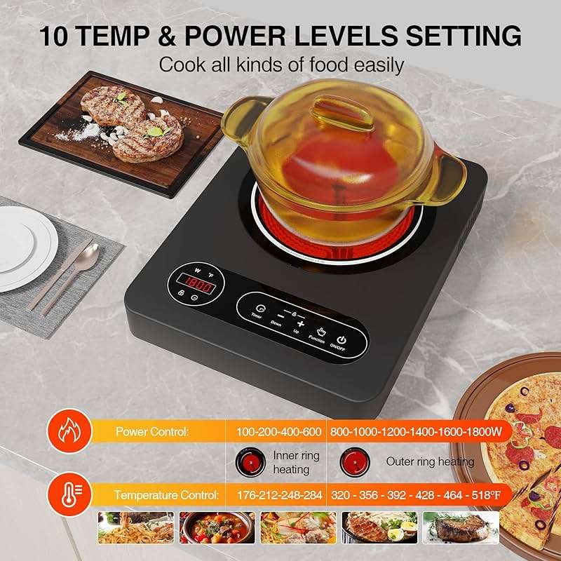 Nafewin Single Burner Electric Cooktop 1800W - 110V Electric Stove Top Burner Portable Stove with LED Touch Control 10 Power Level, Hot Plate with Child Safety Lock, Timer and Overheat protection - Image 5