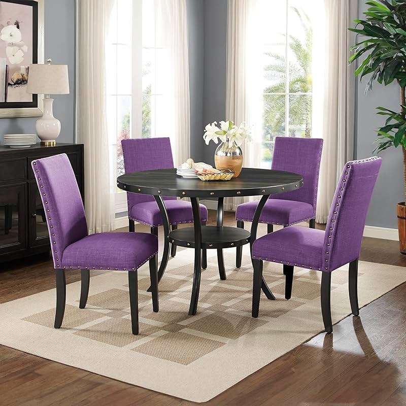 Roundhill Furniture Biony Fabric Dining Chairs with Nailhead Trim, Set of 2, Purple - Image 6