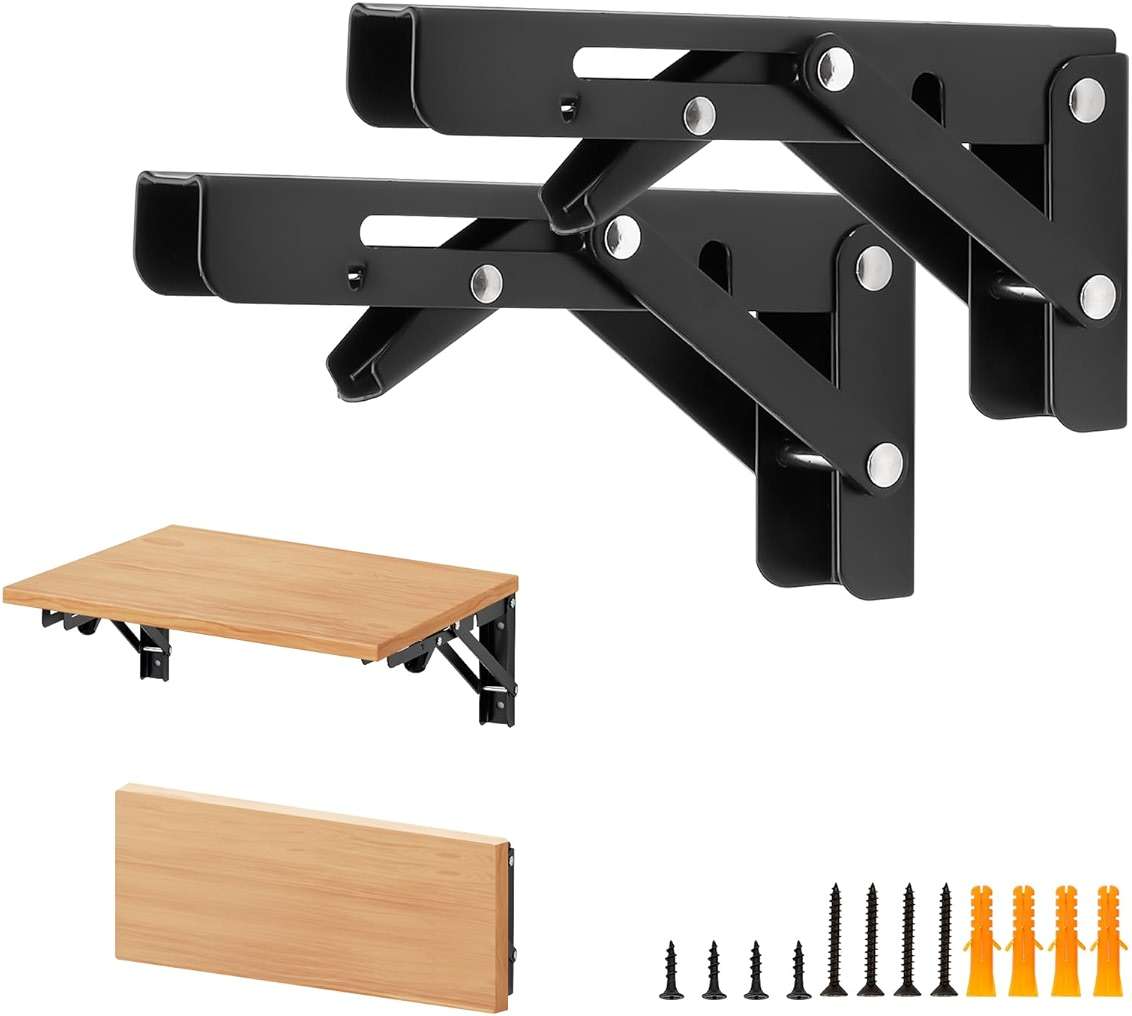 Home Expert 6 Inch Folding Shelf Brackets, 2 Pack (1 Pairs) Heavy Duty Metal Collapsible Wall-Mounted Brackets, Space-Saving DIY Foldable Shelf for Benches and Tables, Matte Black - Image 1