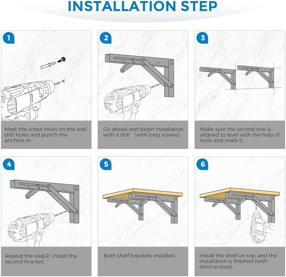 Home Expert 6 Inch Folding Shelf Brackets, 2 Pack (1 Pairs) Heavy Duty Metal Collapsible Wall-Mounted Brackets, Space-Saving DIY Foldable Shelf for Benches and Tables, Matte Black - Image 5