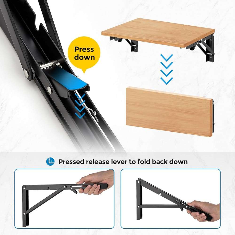 Home Expert 6 Inch Folding Shelf Brackets, 2 Pack (1 Pairs) Heavy Duty Metal Collapsible Wall-Mounted Brackets, Space-Saving DIY Foldable Shelf for Benches and Tables, Matte Black - Image 6