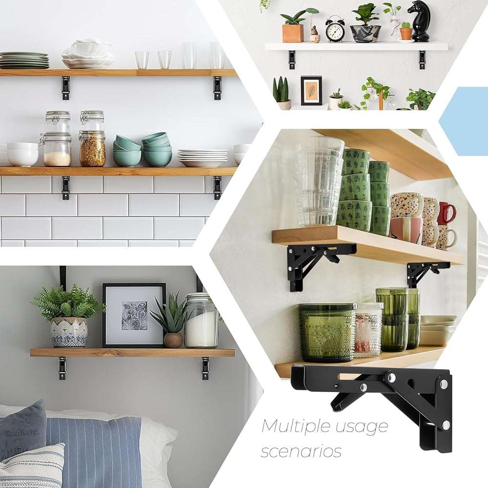 Home Expert 6 Inch Folding Shelf Brackets, 2 Pack (1 Pairs) Heavy Duty Metal Collapsible Wall-Mounted Brackets, Space-Saving DIY Foldable Shelf for Benches and Tables, Matte Black - Image 7