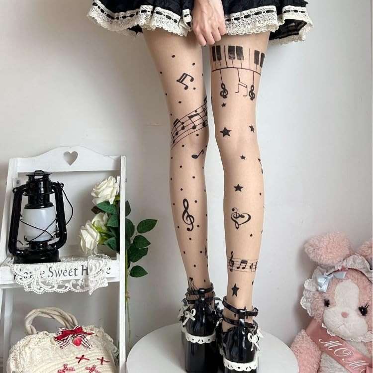 TYATVS Womens Whimsy Twee Piano Tights Funky Patterned Stockings Emo Scene Alt Whimsical Clothes Y2k Aesthetic - Image 2
