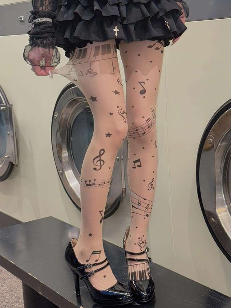 TYATVS Womens Whimsy Twee Piano Tights Funky Patterned Stockings Emo Scene Alt Whimsical Clothes Y2k Aesthetic - Image 5
