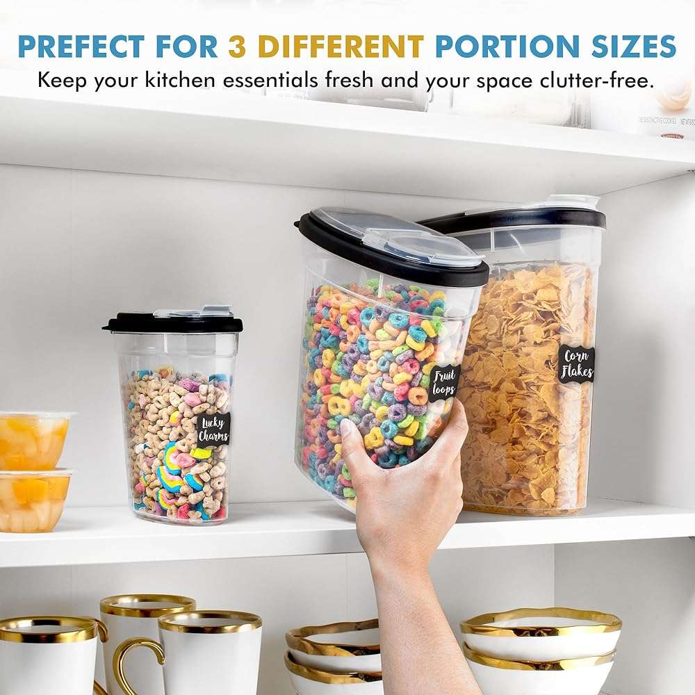 Shazo 3 PC Cereal Container Storage Set (5.2L, 2.8L, 1.2L) - Large Airtight Food Storage Containers with Flip-Top Lids, BPA-Free Plastic Cereal Dispenser for Pantry, Rice, Flour, Sugar & Pasta - Image 2