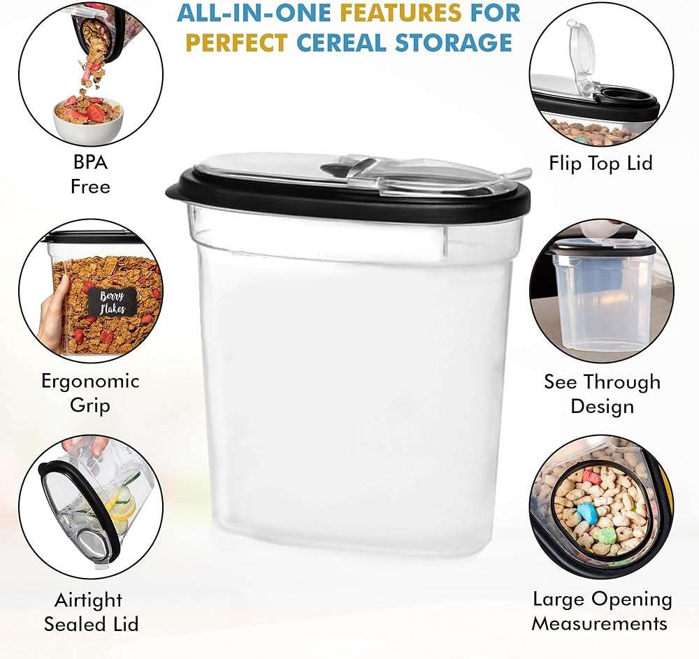 Shazo 3 PC Cereal Container Storage Set (5.2L, 2.8L, 1.2L) - Large Airtight Food Storage Containers with Flip-Top Lids, BPA-Free Plastic Cereal Dispenser for Pantry, Rice, Flour, Sugar & Pasta - Image 3