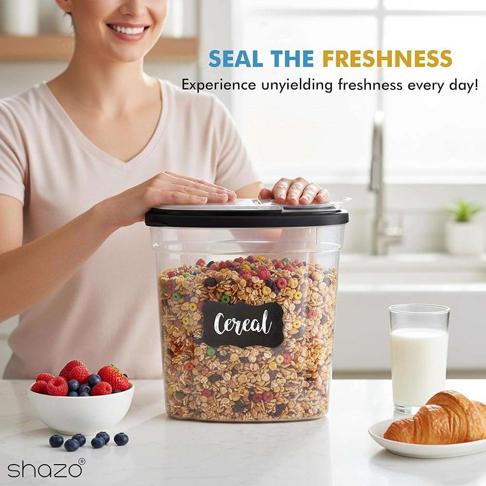 Shazo 3 PC Cereal Container Storage Set (5.2L, 2.8L, 1.2L) - Large Airtight Food Storage Containers with Flip-Top Lids, BPA-Free Plastic Cereal Dispenser for Pantry, Rice, Flour, Sugar & Pasta - Image 5