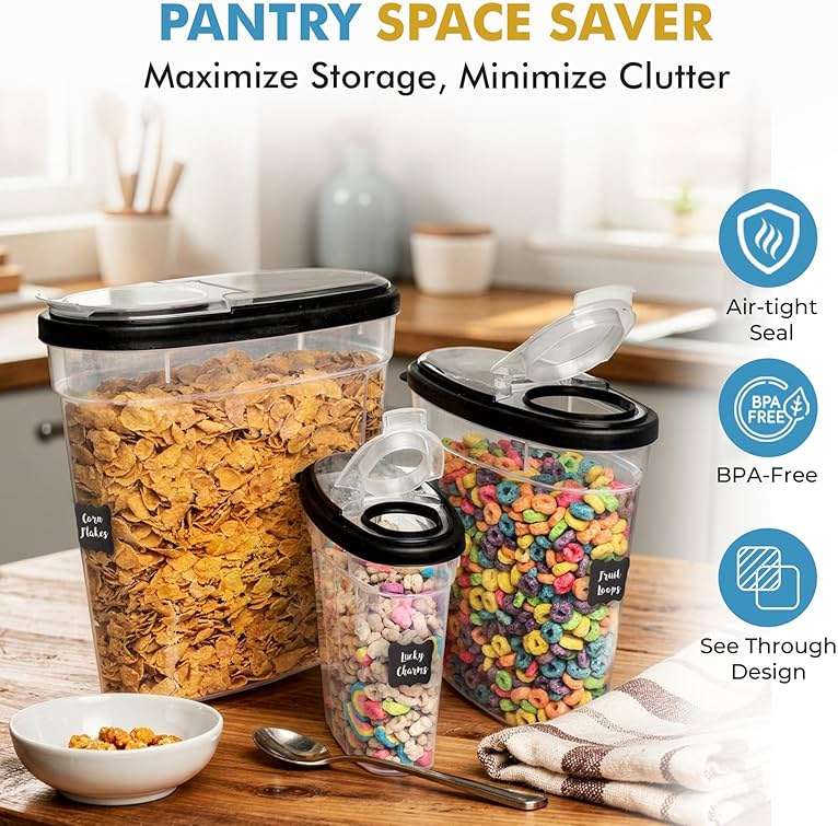 Shazo 3 PC Cereal Container Storage Set (5.2L, 2.8L, 1.2L) - Large Airtight Food Storage Containers with Flip-Top Lids, BPA-Free Plastic Cereal Dispenser for Pantry, Rice, Flour, Sugar & Pasta - Image 9
