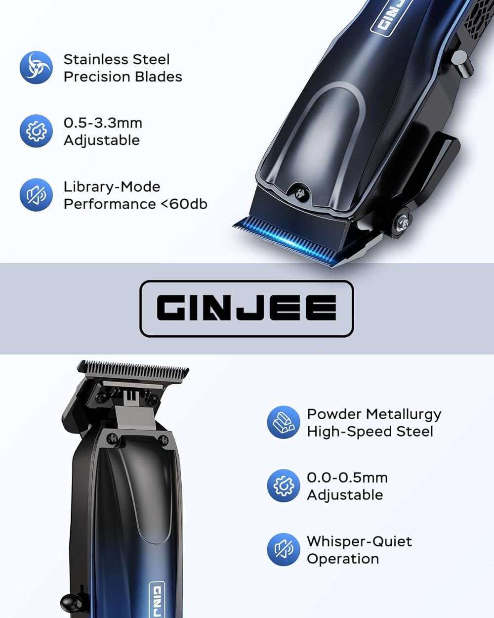 GinJee Professional Hair Clippers for Men Cordless & Corded - Rechargeable Barber Clipper & Trimmer Set with Fade Lever for Home Haircuts, Grooming Kit with Guide Combs, with Travel Case - Image 2