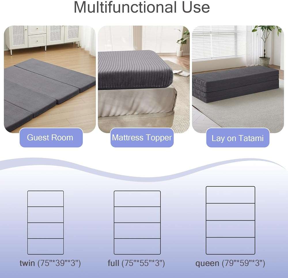 MeMoreCool Folding Foam Futon Mattress Full, Foldable Japanese Floor Mattress, Sleeping Mat Pad for Adults Guests Sleepovers, 3 in Thick Tatami Mat Portable Shikibuton, Dark Grey - Image 3