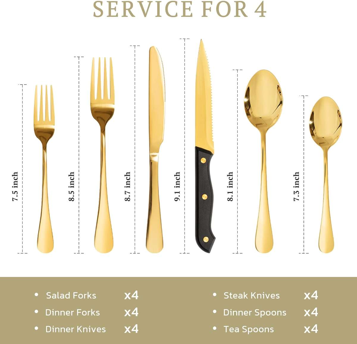 Astercook 24-Piece Silverware Set with Steak Knives Gold Flatware Set for 4 Food-Grade Stainless Steel Cutlery Set Mirror Polished Utensils Set Include Spoons and Forks for Home Kitchen Restaurant - Image 2