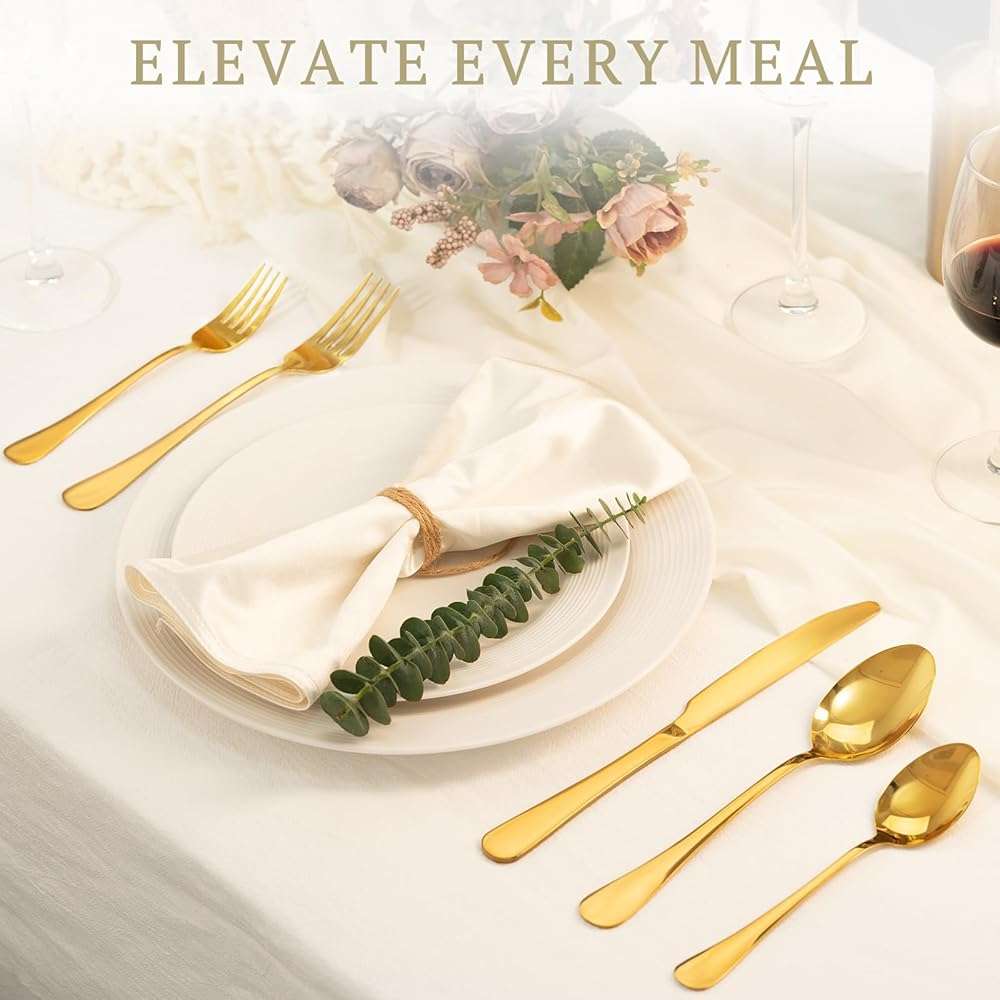Astercook 24-Piece Silverware Set with Steak Knives Gold Flatware Set for 4 Food-Grade Stainless Steel Cutlery Set Mirror Polished Utensils Set Include Spoons and Forks for Home Kitchen Restaurant - Image 3