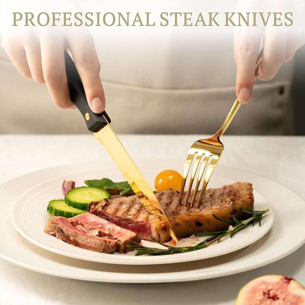 Astercook 24-Piece Silverware Set with Steak Knives Gold Flatware Set for 4 Food-Grade Stainless Steel Cutlery Set Mirror Polished Utensils Set Include Spoons and Forks for Home Kitchen Restaurant - Image 4