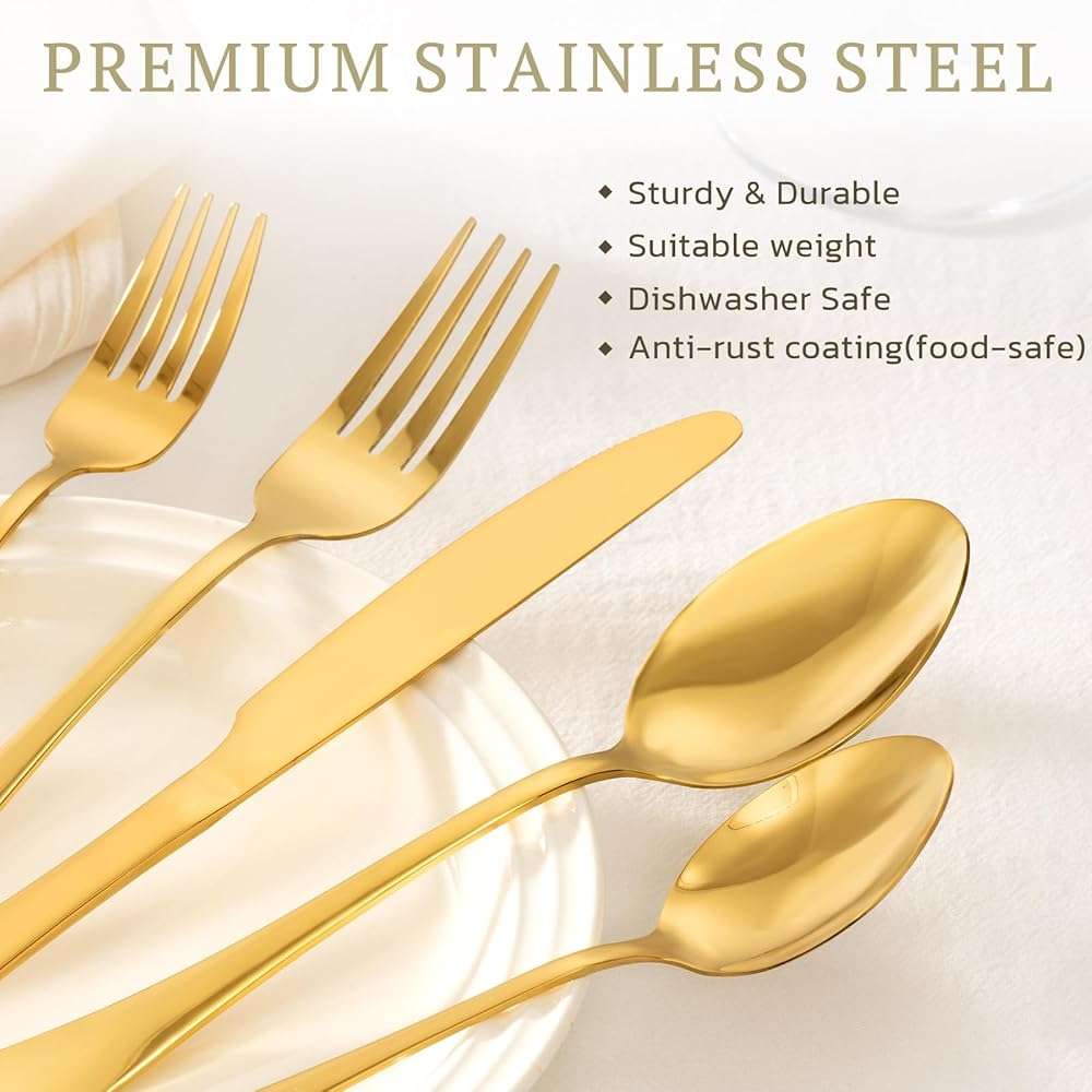 Astercook 24-Piece Silverware Set with Steak Knives Gold Flatware Set for 4 Food-Grade Stainless Steel Cutlery Set Mirror Polished Utensils Set Include Spoons and Forks for Home Kitchen Restaurant - Image 5
