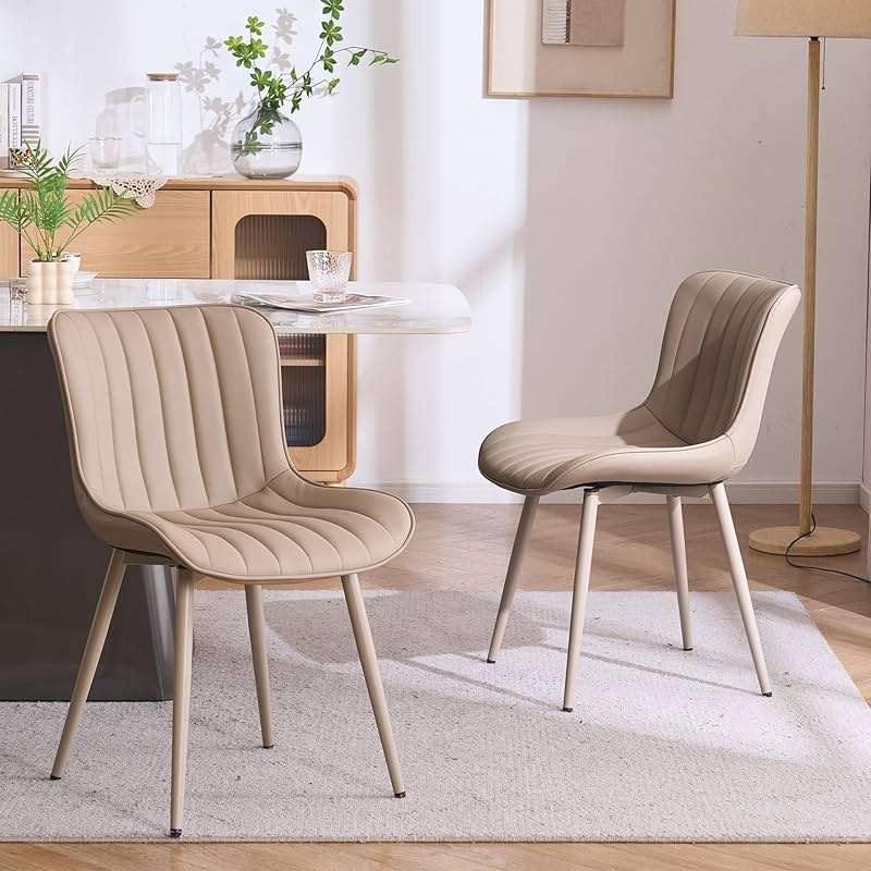 YOUNUOKE Mid-Century Modern Dining Chairs Set of 2, Khaki PU Leather Upholstered Kitchen Chairs with Khaki Metal Legs, Armless Accent Chair for Dining Room, Guest Reception Room - Image 1