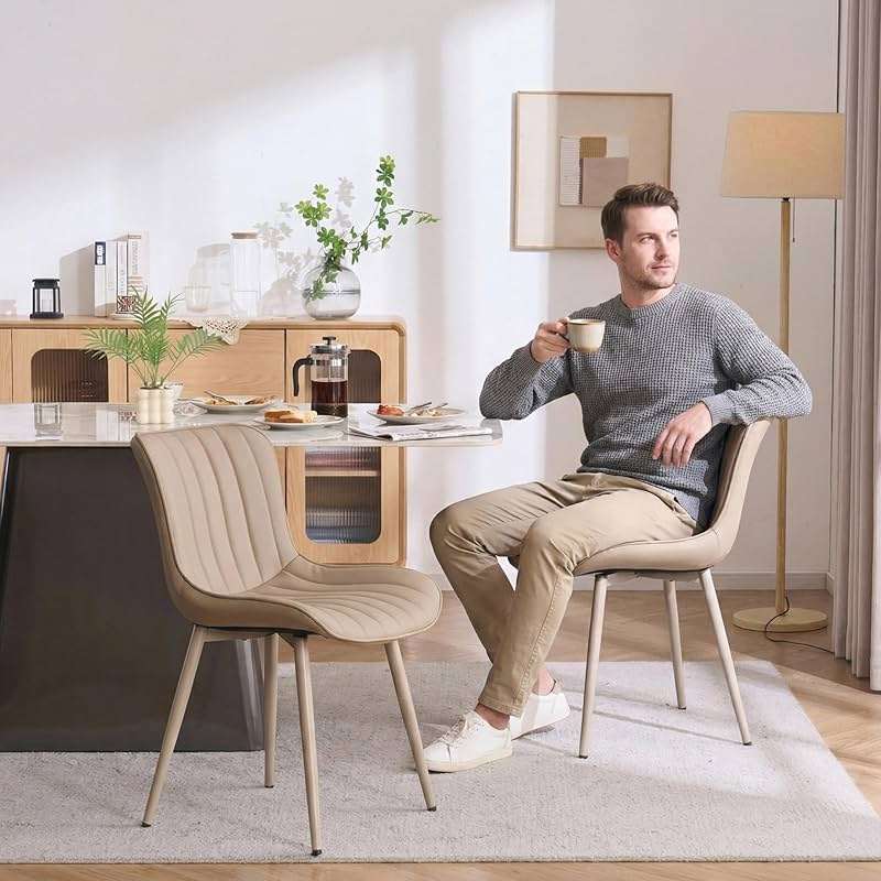 YOUNUOKE Mid-Century Modern Dining Chairs Set of 2, Khaki PU Leather Upholstered Kitchen Chairs with Khaki Metal Legs, Armless Accent Chair for Dining Room, Guest Reception Room - Image 3