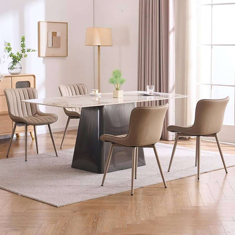 YOUNUOKE Mid-Century Modern Dining Chairs Set of 2, Khaki PU Leather Upholstered Kitchen Chairs with Khaki Metal Legs, Armless Accent Chair for Dining Room, Guest Reception Room - Image 4