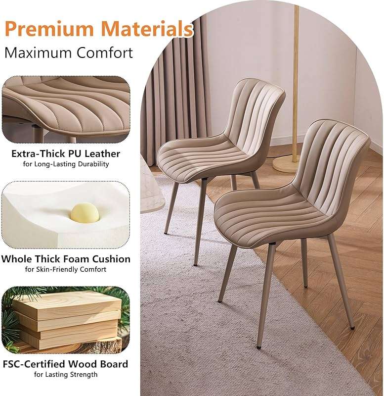 YOUNUOKE Mid-Century Modern Dining Chairs Set of 2, Khaki PU Leather Upholstered Kitchen Chairs with Khaki Metal Legs, Armless Accent Chair for Dining Room, Guest Reception Room - Image 5